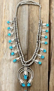 SBN10- Pawn Navajo Turquoise Squash Blossom Necklace 