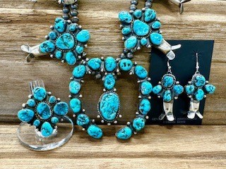 SBN1- Navajo Turquoise Squash Bloom Necklace, Earrings & Ring Set