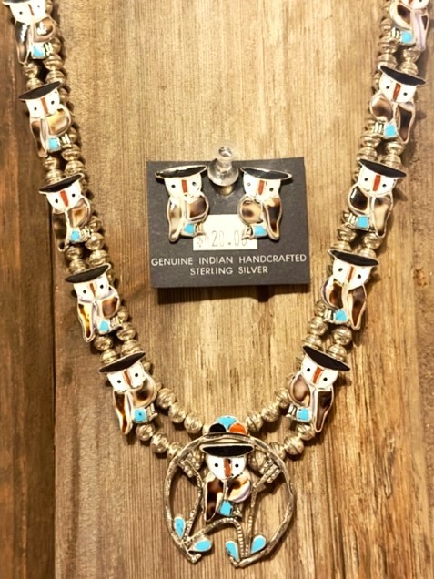 SBN3- Zuni Owl Inlay Squash Blossom Necklace & Earring Set 