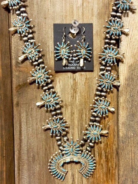 SBN6- Zuni Needlepoint Turquoise Squash Blossom Necklace & Earring Set 