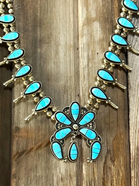 SBN16- Zuni Turquoise Inlay Squash Blossom Necklace 