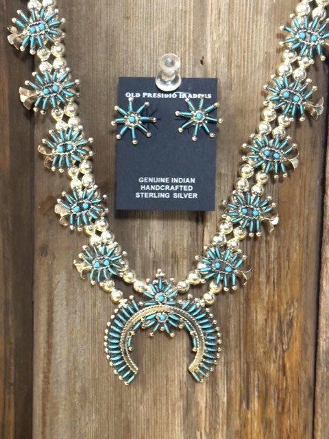 SBN17- Pawn Zuni Needlepoint Turquoise Squash Blossom Necklace & Earring Set 