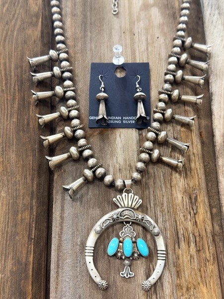 SBN19- Pawn Turquoise Navajo Squash Blossom Necklace 