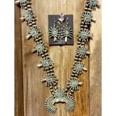 SBN6- Zuni Needlepoint Turquoise Squash Blossom Necklace & Earring Set 