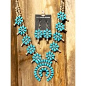 SBN12- Pawn Cluster Turquoise Squash Blossom Necklace & Earring Set 