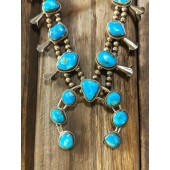 SBN15- Pawn Turquoise Navajo Squash Blossom Necklace 