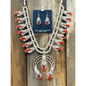 SBN21- Navajo Coral Squash Blossom Necklace & Earring Set 